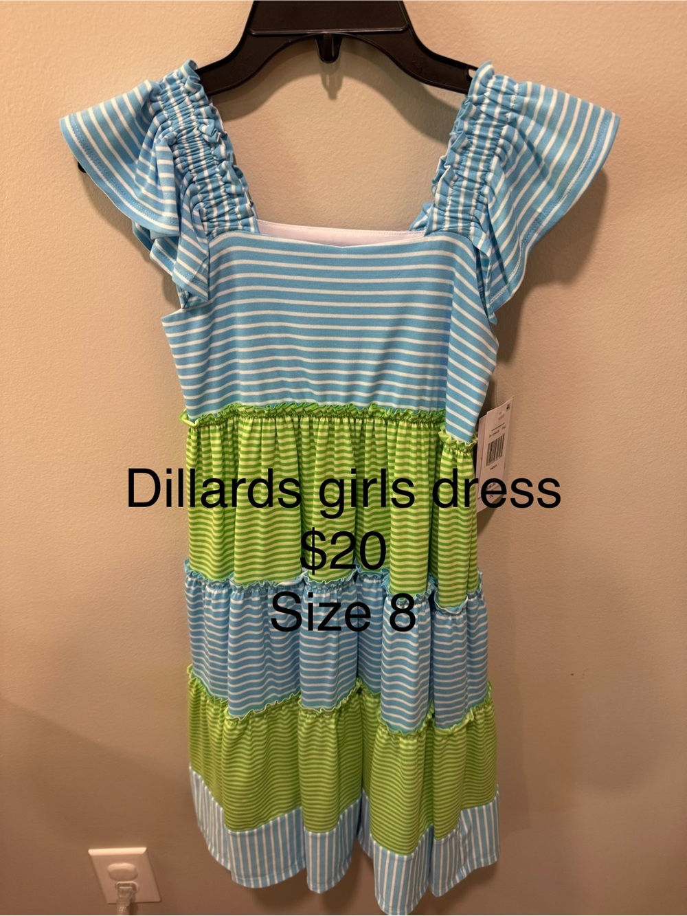 Girls Striped Ruffle-Sleeve Dress in Blue and Lime